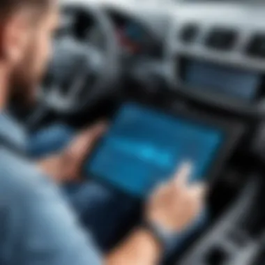 A mechanic using a tablet to manage vehicle maintenance schedules