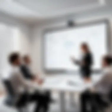 Business professionals engaging with a virtual whiteboard during a meeting