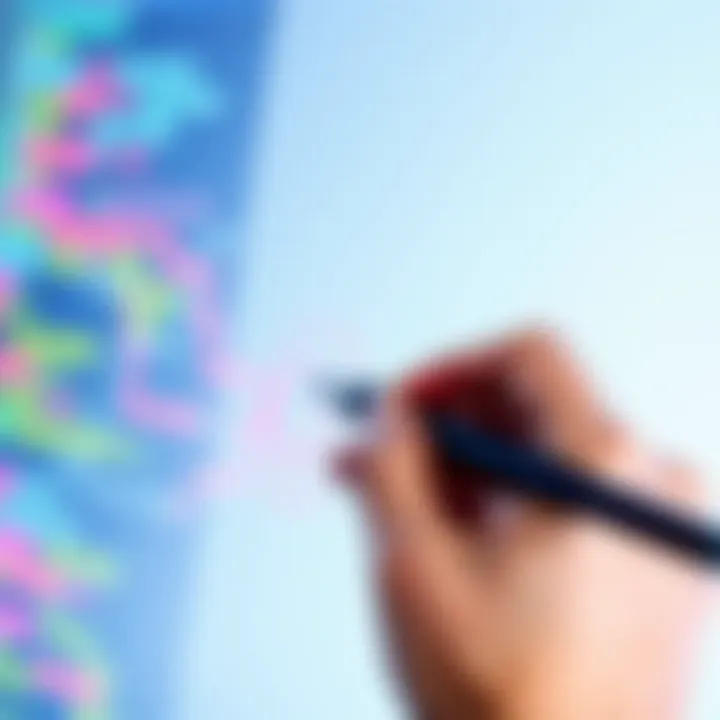 A close-up of a stylus drawing on a virtual whiteboard with colorful graphics