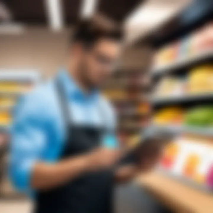 A convenience store owner analyzing reports on a tablet