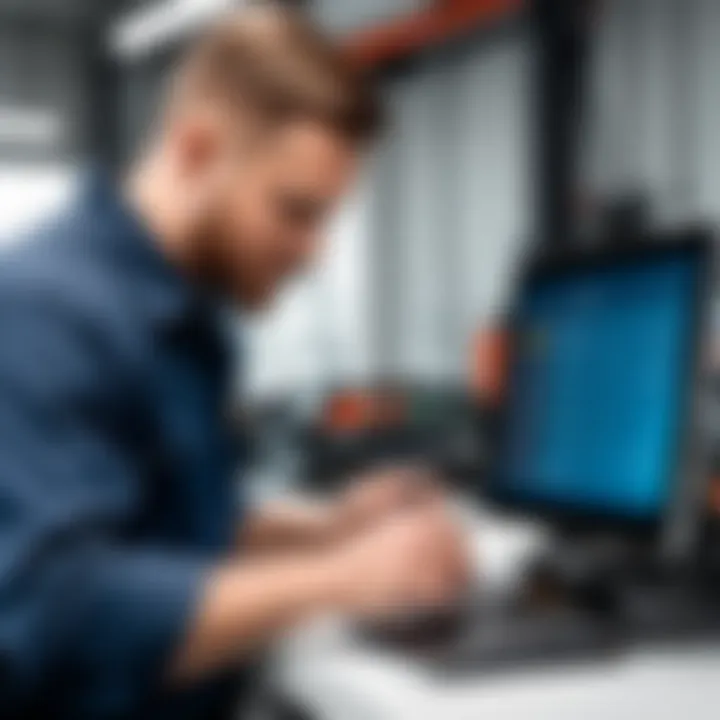 Technician using automotive repair management software on a tablet in a workshop