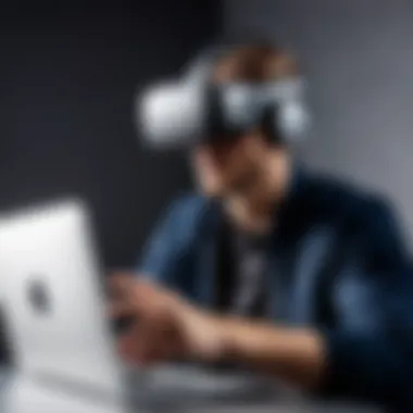 User Engaged in Virtual Reality Experience A user immersed in a VR experience using a headset with MacBook.