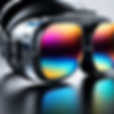 VR Headset Lenses with Digital Reflection A close-up of VR headset lenses reflecting digital content.